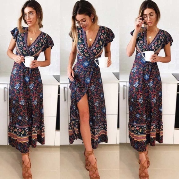 023 Boho Gypsy Navy Floral Print wrap midi Dress - Picture 3 of 8